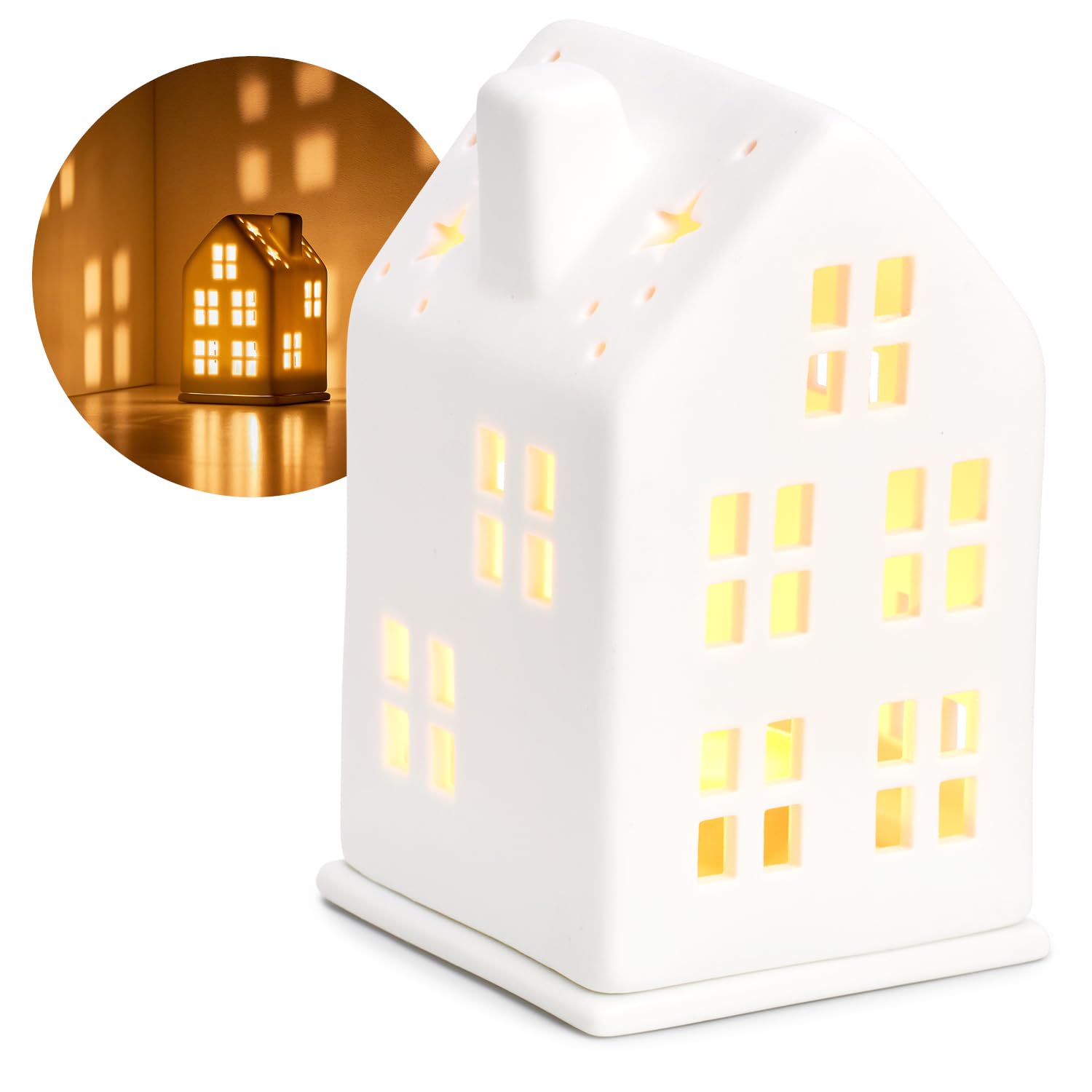 COM-FOUR® Casa de Luz de Té de Porcelana - Casa de Porcelana Mate con Base de Vela de Té - Casa de Luz - Decoración Elegante de la Habitación en Forma de Casa (12,5 centímetros)