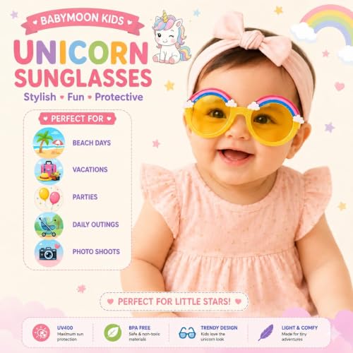 Image of BabyMoon Kids Unicorn Shaped Summer Sunglasses Goggles For Baby Girls & Boys | 2-8 Y | Yellow