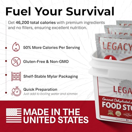 Image of Legacy Food Storage Gluten Free 120 Serving Bucket, Emergency Food Supply, 46,200 Total Calories, 120 Large Servings, Shelf Stable Lunch & Dinner Entrees, Freeze Dried Survival Meals for MRE Camping, Hiking, & Backpacking