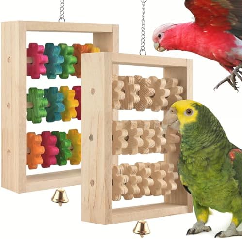 DBNESS 2Pcs Bird Toys, Hanging Parrot Chew Toy, Natural Wooden Chewing Puzzle Training Blocks Intellectual Development for Budgie, Conure, Lovebird, Cockatoo, African Grey, Amazon Parrots, Macaw