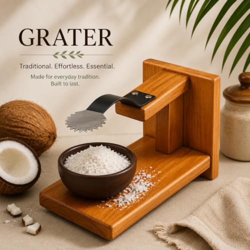 Image of YATTA Coconut Scraper Manual | Jackfruit Wood Flat Bottom Table Top Coconut Grater for Kitchen | Traditional Chirava, Vili, Thengai Thuruvi Wooden Coconut Scrapper for Home | with Extra Iron Blade