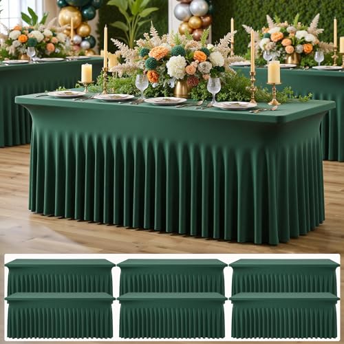 Image of 6 pk Hunter Green Spandex Tablecloth for 6 Foot Rectangle Tables, Wrinkle Free Fitted Spandex Table Covers 6ft Green Stretch Table Cloths with Ruffle Skirt for Parties Weddings Banquet Baby Shower