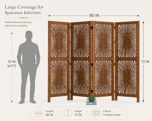 Image of Wooden Room Divider Partition for Living Room | Foldable 4 Panel Decorative Privacy Screen Separator for Home, Office & Bedroom | Modern Natural Brown