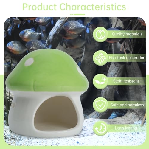 Image of Ceramic Mushroom House Betta Fish Tank Decor - Cute Aquarium Cave Hideout for Shrimp & Small Fish, Non-Toxic Safe Ornament for 5-20 Gallon Tanks (Green)