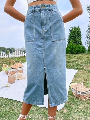 ebossy Women's Casual High Waist Front Slit Utility Pencil Long Jean Skirts with Patch Pockets3