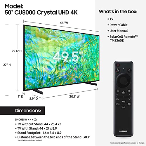SAMSUNG-50-Inch-Class-Crystal-UHD-CU8000-Series-PurColor-Object-Tracking-Sound-Lite-Q-Symphony-Motion-Xcelerator-Ultra-Slim-Solar-Remote-Smart-TV-with-Alexa-Built-in-UN50CU8000-2023-Model