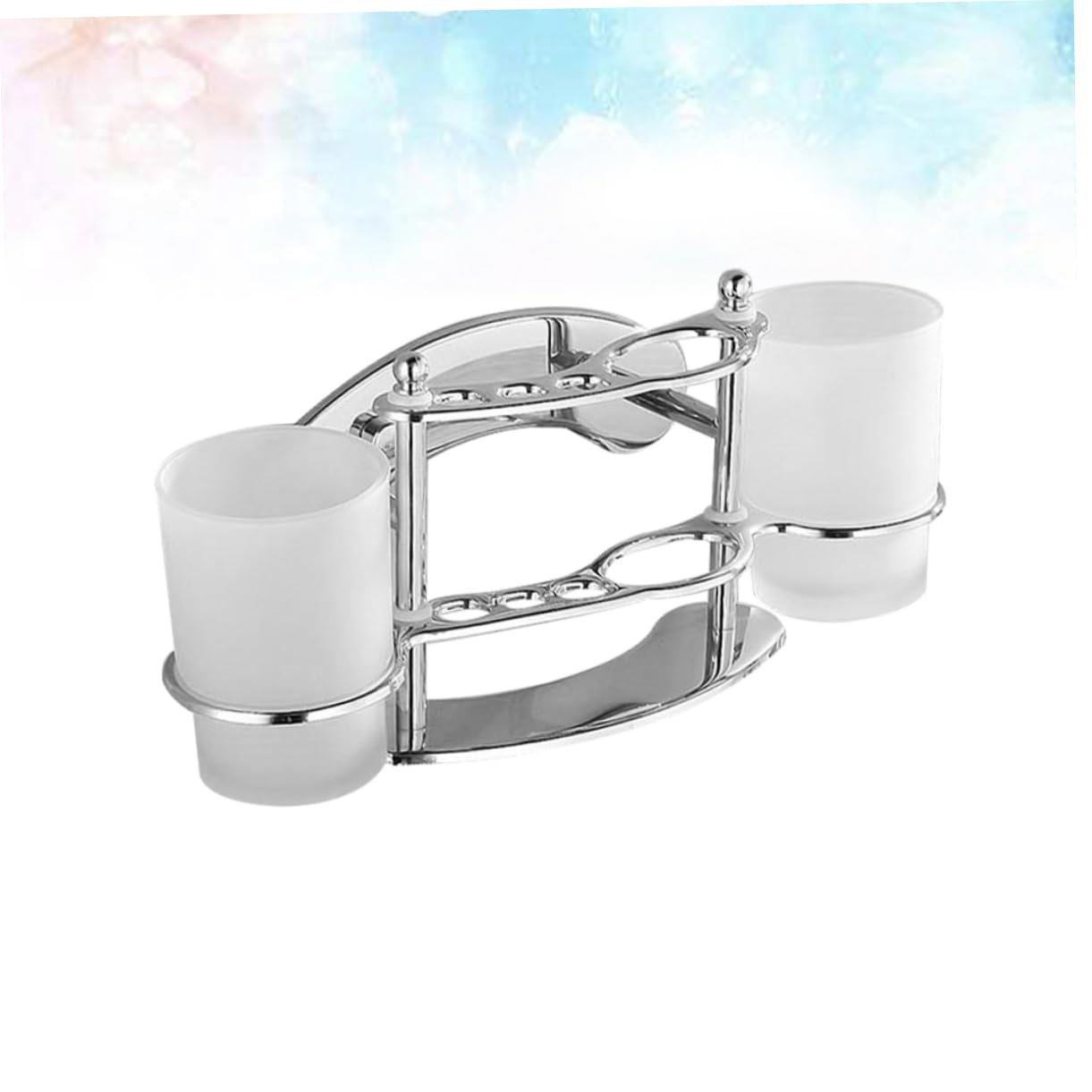 Porta Spazzolini da Muro a Doppio Bicchiere in Acciaio Inox Argento | Bagno, Vetro Integrato, Supporto per Spazzolini e Tazza, Design a Parete