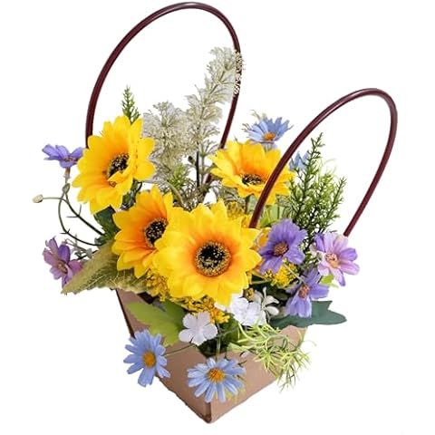 Gumolutin Faux Flowers in Vase, Artificial Sunflowers Arrangement with Hand Basket, Fake Daisy Floral Table Centerpieces Decor for Home Wedding Office Restaurant Table Plant Arrangement Decoration Cover