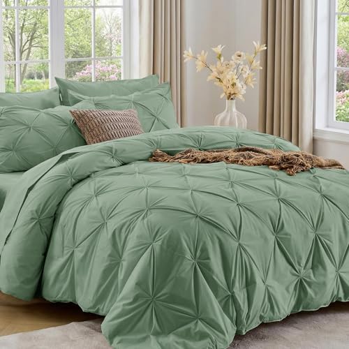 Image of Sasttie Queen Comforter Set, 7-Piece Bed in a Bag, Pintuck Bedding Sets for All Season, Includes Comforter, Flat Sheet, Fitted Sheet, Pillowcases and Pillowshams, Sage Green