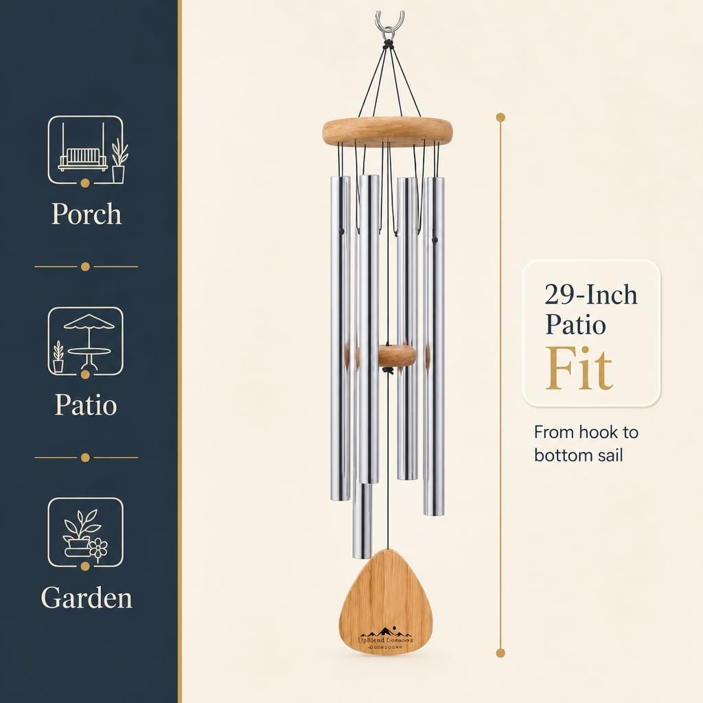 UpBlend Outdoors Carillon éolien pour extérieur – Carillon éolien argenté de 73,7 cm pour l'extérieur, Carillon éolien harmonique pour l'extérieur, Carillon éolien pour Maman, Grand-mère, Carillon à
