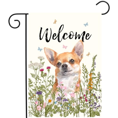 Floral Chihuahua Garden Flag Spring Summer Yard Flag Flower Dog Garden Flags for Outside Small Outdoor Welcome Flags 12x18 Double Sided