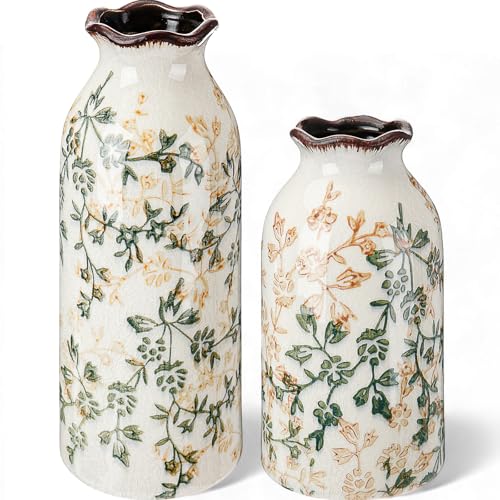 Ninehaoou 2 Pcs Green Vintage Vase Ceramic Rustic Crackle Floral Vase for Farmhouse Retro Home Bookshelf Living Room Table Centerpiece Decor (Middle and Small)