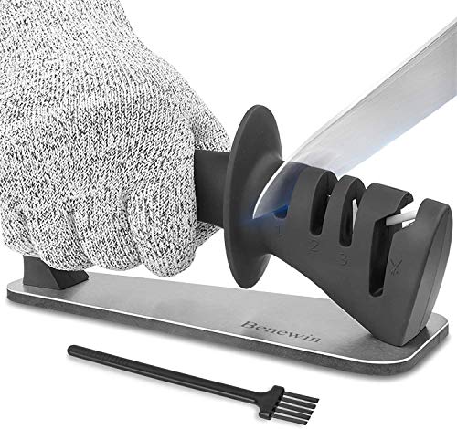 Knife Sharpener- 3-Stage Knife Sharpener Helps Repair,Restore and Polish Blades,Sharpens Dull Knives Fast,Safe and Easy to Use-Cut-Resistant Glove and Slot Cleaning Brush Included,Black