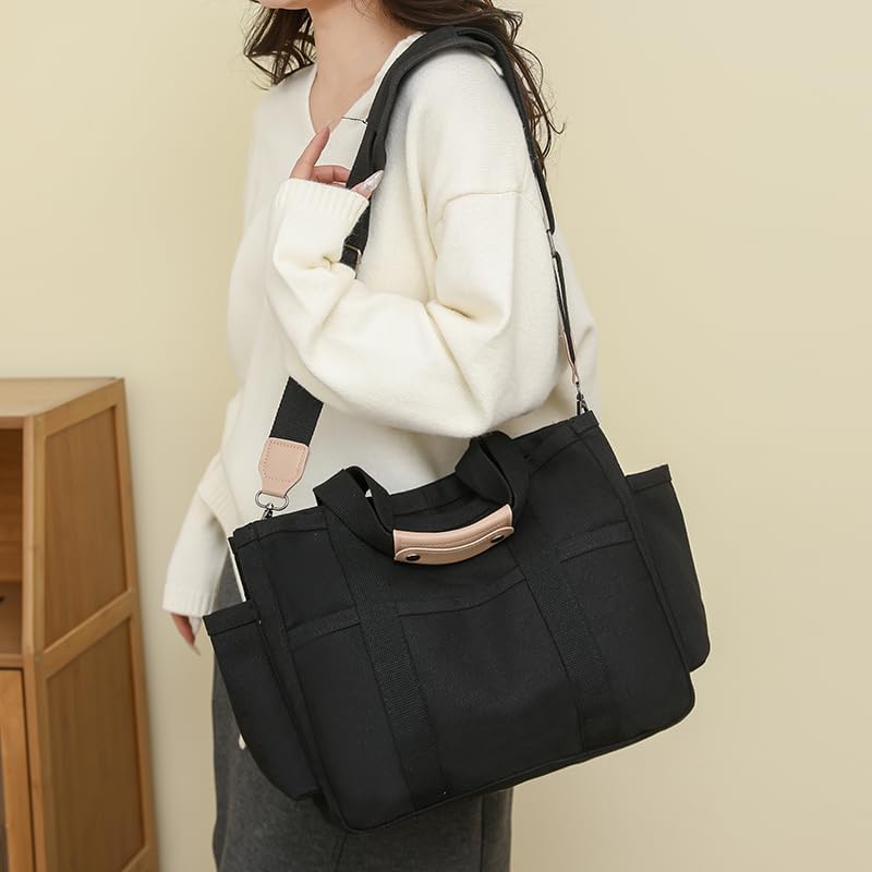 Canvas Crossbody Tote Bag with Multi Pockets for Women Work Large Handbags Shoulder Bag Messenger Bag Travel Purse - Image 2