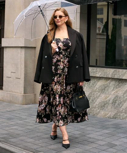 Image of RITERA Plus Size Dresses for Curvy Women Square Neck Short Sleeve Summer Floral Smocked Maxi Dress with Pocket XL-5XL