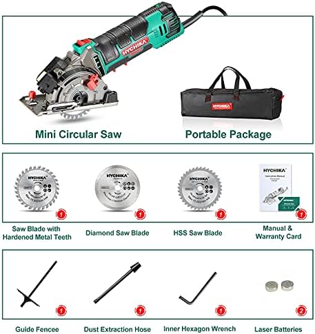 Mini Circular Saw, HYCHIKA Circular Saw with 3 Saw Blades, Laser Guide, Scale Ruler, 500W Pure Copper Motor, 4500RPM Ideal for Wood, Soft Metal, Tile and Plastic Cuts