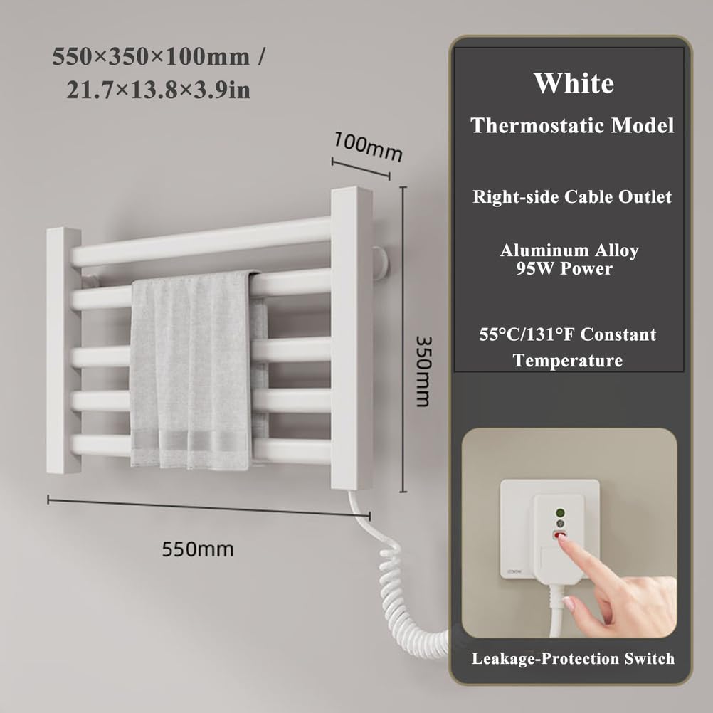 Electric Towel Warmer Rack - Wall-Mounted Heated Towel Dryer, 5-Bar Thermostatic Heating with Hooks, Multifunctional Bathroom Towel Warmer, Plug-in, White