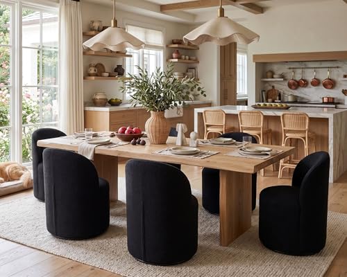 Image of HNY Upholstered Swivel Dining Chairs Set of 3, Mid Century Modern Kitchen Round Sherpa Boucle Dining Room Chairs, Barrel Comfy Armless Accent Makeup Vanity Side Chairs for Living Room, Black