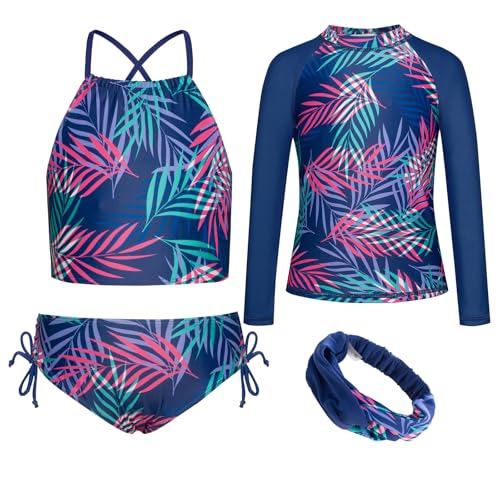 Image of GRACE KARIN Girls Swimsuit Tankini Set Rash Guard Long Sleeve Swimsuit 4 Piece Bathing Suit Swimwear 5-14Y