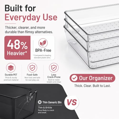 Image of 8 Pack Large Clear Plastic Drawer Organizer Bins - Acrylic Bathroom Drawer Organizer Trays - Heavy Duty Kitchen Drawer Dividers for Utensils - Non-Slip Storage Bins for Makeup, Bedroom, Office Desk
