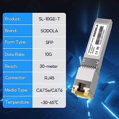 Image of SODOLA 10GBase-T RJ45 SFP+ Module, 10G SFP+ RJ-45 Copper Transceiver for SODOLA, SFP to Ethernet, Plug and Play,Hot Pluggable,Up to 30m Distance Copper SFP Modules (1 Pack)