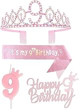 Yiran Pink Girls 9th Birthday Decorations - It's My 9th Birthday Sash, Tiara Crown, Cake Topper, 9 Candles, Party Gifts