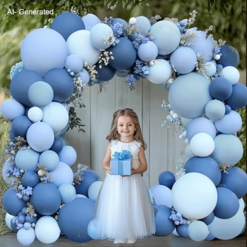 Image of Zesliwy Dusty Blue Balloons Arch Kit, Double Stuffed, Latex, Party Decor | Dark Denim Blue, Light Pastel Blue Balloon Garland,for Birthday Wedding Baptism Graduation Gender Reveal Decoration