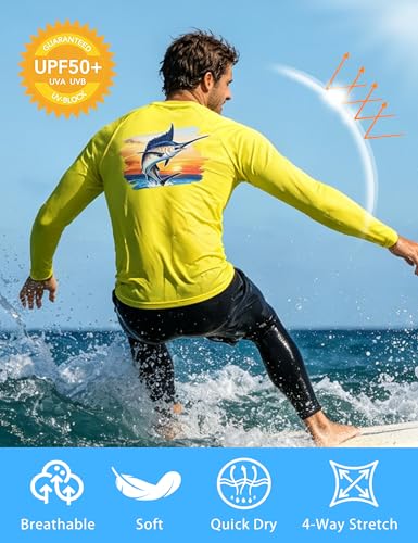Image of Men's Rash Guard Long Sleeve, UPF 50+ UV Protection Sun Shirt, Quick Dry Lightweight T-Shirt for Fishing Swim Surf