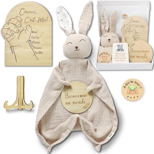 Coffret Cadeau Naissance – Doudou Lapin Double Expression + 3 Cartes Souvenirs Bébé en Bois – 100% Coton Bio – Certifié GOTS & OEKO-TEX – Mixte Fille Garçon – BLIBOO