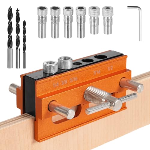 Self-Centering Doweling Jig Kit - Adjustable Woodworking Drill Guide with 6 Precision Bushings for Biscuit Joiner Set - Essential Power Tool Accessory