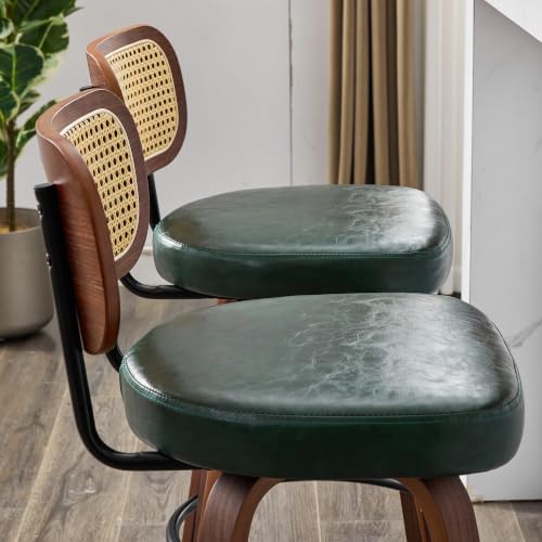 Image of Rattan Bar Stools Set of 2,Upholstered PU Leather, 30''Counter Height Barstools with Back and Wood Legs,360Swivel,Mid-Century Modern Bar Stool for Kitchen Island Dining Room and Bar(Vintage Green)