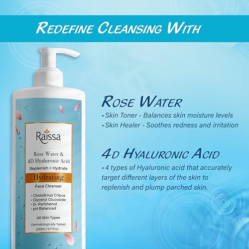 Image of Raissa Hydrating Soap Free Face Wash for Dry and dehydrated skin| Rose Water & 4D Hyaluronic Acid, Chondrus Crispus & D-Panthenol | Men & Women | 200ml