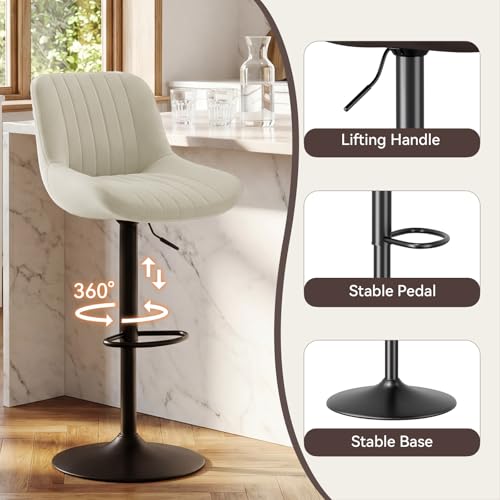 Image of Nalupatio Bar Stools Set of 2, Adjustable Modern Swivel Bar Stools with Backs, Counter Height Performance Fabric Island Chairs for Home Kitchen, Off-White