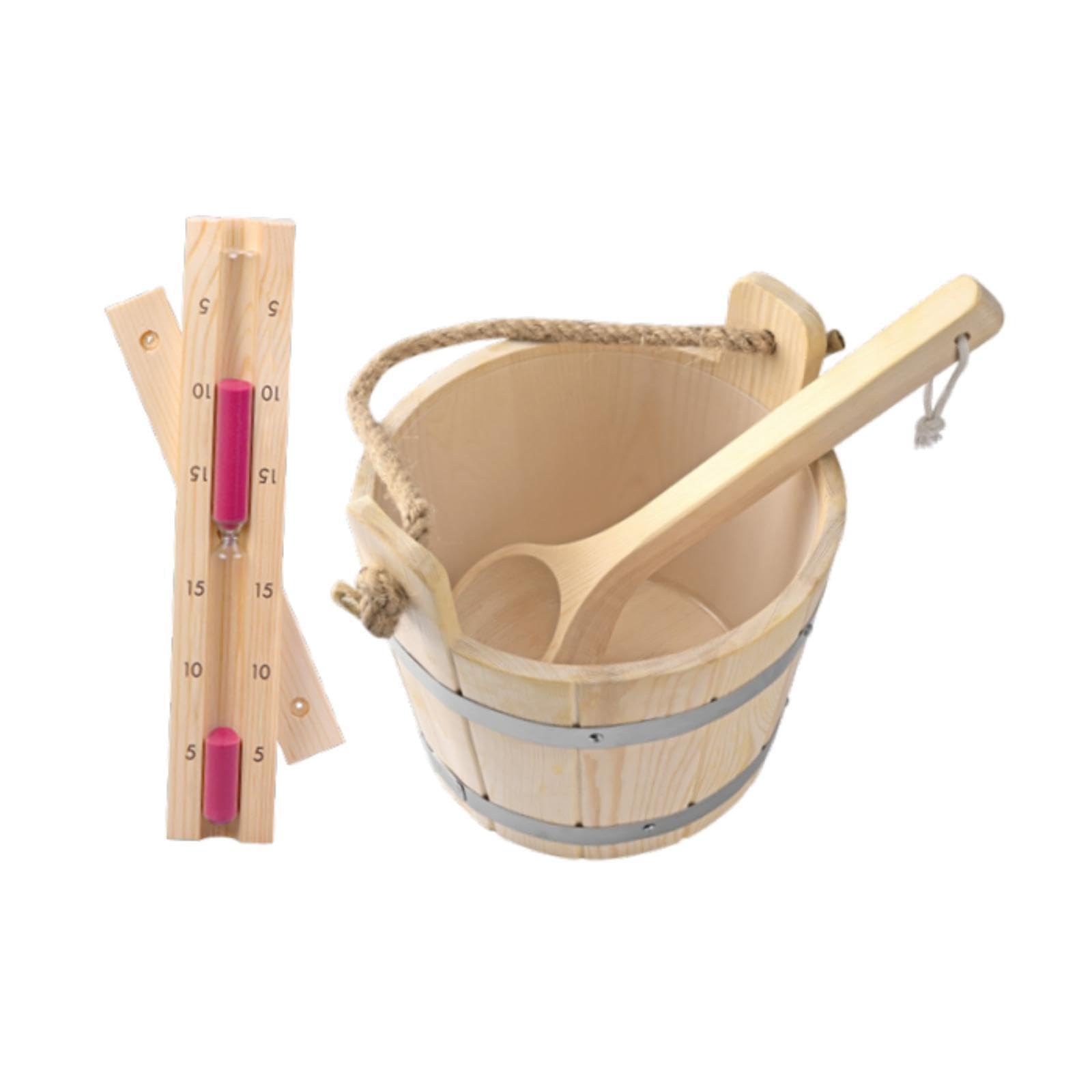 Cubo y cucharón de Para madera para sauna de 5 litros capacidad, resistente y con temporizador reloj arena. Ideal para saunas vapor. Kit accesorios portátil y resistente.