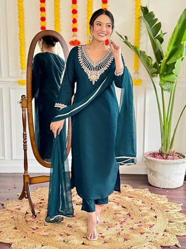 Image of Shiv Textiles Women's Chanderi Silk Embroidered Kurta Pant Dupatta Set(JDA-NILAM-RAMA-S)