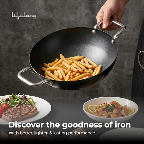 Image of Lifelong Carbon Steel (Iron) Kadhai 28cm | High Heat Stir Fry & Bhuna Kadhai with Stainless Steel Handle | Naturally Seasoned Non-Stick Surface | Induction & Gas Compatible | Lightweight Build