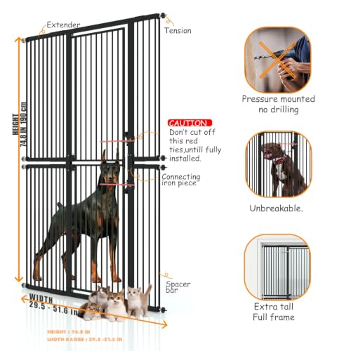 74.8" Extra Tall Pet Gate for Cats，29.5"-51.6" Extra Wide Cat Gate,Pressure Mounted Easy Walk Through Pet Gate with Door for Stairs, Doorways, Kitchen(Black)