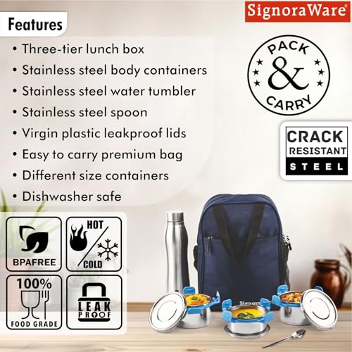 Image of SignoraWare All Steel Fusion Jumbo Stainless Steel Lunch Box | Airtight & Leakproof | Ideal for Office, School, Travel & Outdoor Use (500mlx2 + 350ml + 1 LTR | Set of 4 | TBlue)