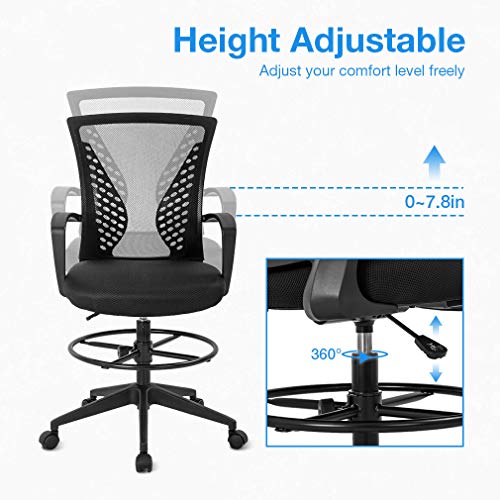 Drafting Chair Tall Office Chair Standing Desk Chair Adjustable Height With Arms Foot Rest Back Support Rolling Swivel Desk Chair Mesh Drafting Stool For Adults (Black) #TOP2
