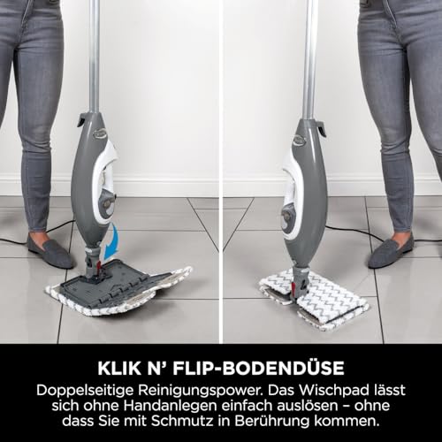Shark Klik n’ Flip Dampfreiniger, Boden- und Handreiniger, Dampfreiniger für Hartböden, Fliesen, Oberflächen, Wasserhähne und Glas, 5 Zubehörteile, 2 Einstellungen, Grau/Weiß S6005EU