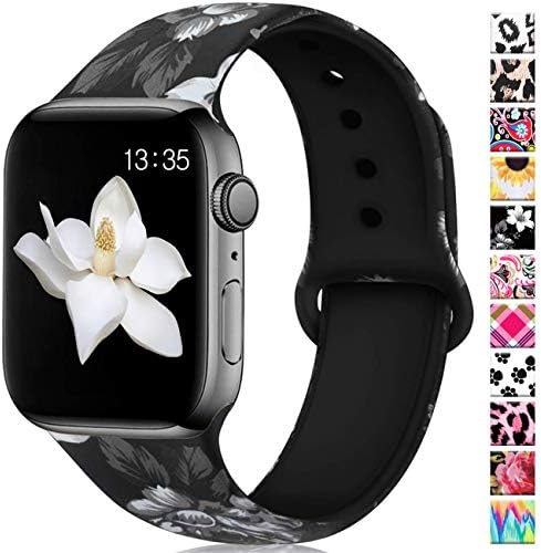Haveda Floral Band Compatible with Apple 5 Watch 44mm Band Series 4 Series 5, Print Apple Watch Band 42mm Women Pattern Silicone Sport Wristbands for Apple Watch Series 3/2/1 M/L Gray Flower
