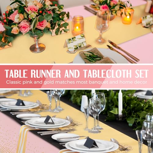 Image of Breling 24 Pack Pink and Gold Disposable Plastic Tablecloths and Satin Table Runner Set, 54 x 108 Inch Tablecloth, 12 x 108 Inch Table Runners for Wedding Graduation Birthday Baby Shower