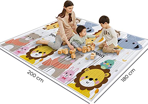 Alfombra de Juegos para bebés 1 cm, plegable, antideslizante, extragrande, reversible, impermeable, de doble cara (200x180x1.0cm) - Colchoneta de Juegos Plegable, No tóxico (Animales + Circuito)