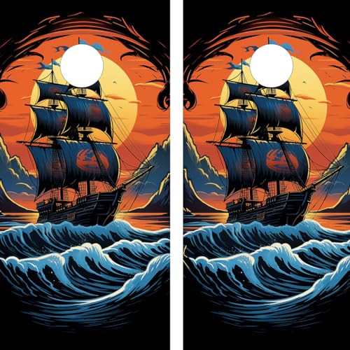 Pair of Waterproof Cornhole Board Wraps - Firey Ship - Artistic Pirate Ship - Decals - Laminated - Easy to Apply