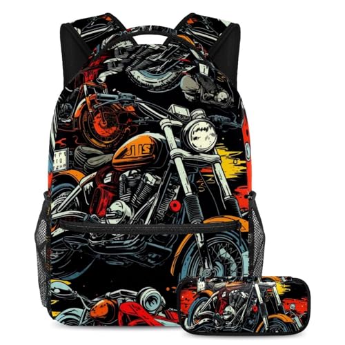 Cartable grande capacité ado avec trousse scolaire motif moto pour voyage et lycée