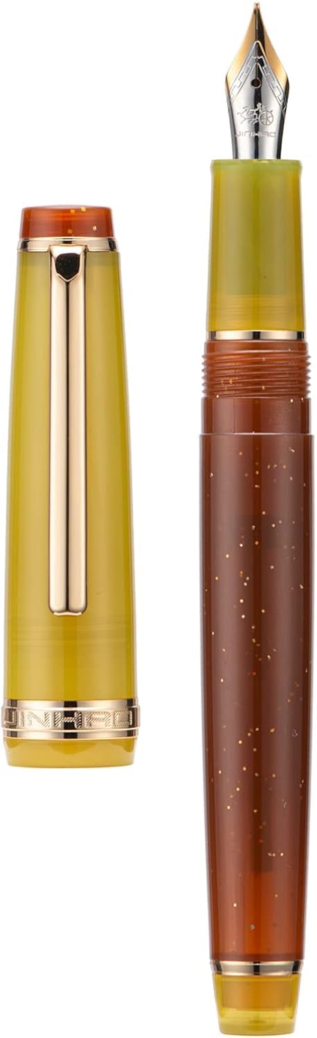 Jinhao 82 Fountain Pen, Golden Trim Bent Nib, Brown Mixed Clear Barrel with Converter โ image 1