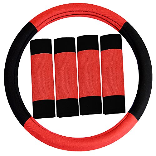 Image of FH Group Universal Fit Modernistic and Seat Belt Pads Combo Set Red Steering Wheel Cover Fits Most Cars, SUVs