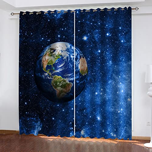 POGIB Rideau Chambre Enfant Bebe Fille Garcon Adultes Ado 3D Planète Étoilée Bleue Rideaux Occultants Thermiques Isolants Anti Chaleur Rideau À Oeillets 140X160Cm Lot De 2 Rideau Fenetre Phonique