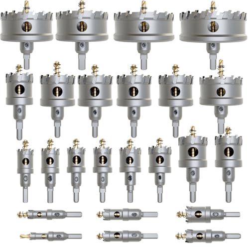CSOOM Juego de 26 brocas de metal duro de alto rendimiento, brocas de acero para metal, cortador de agujeros TCT, con 2 brocas piloto centrales extra revestidas de titanio, ideal para metal, hierro y