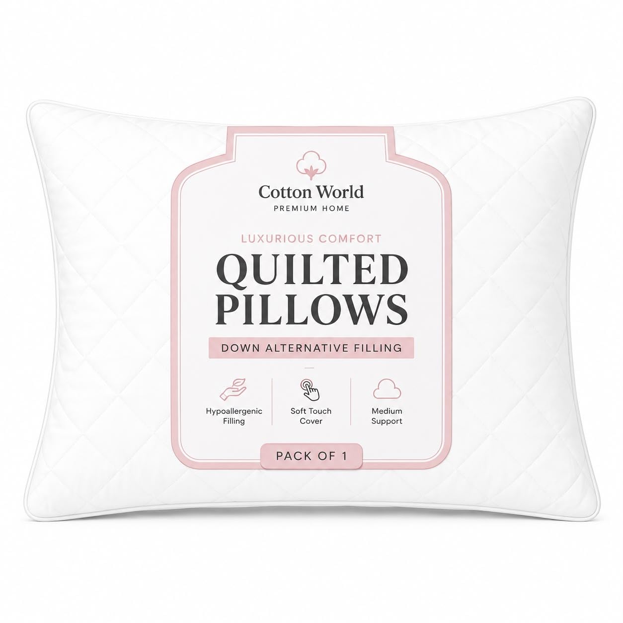Pillows for Sleeping (1-Pack) Luxury Quilted Pillow Soft Hollowfibre Filling Hotel Quality Diamond Stiched White Bounce Back Standard Bed Pillows for Back, Stomach & Side Sleepers - 50cm x 75cm